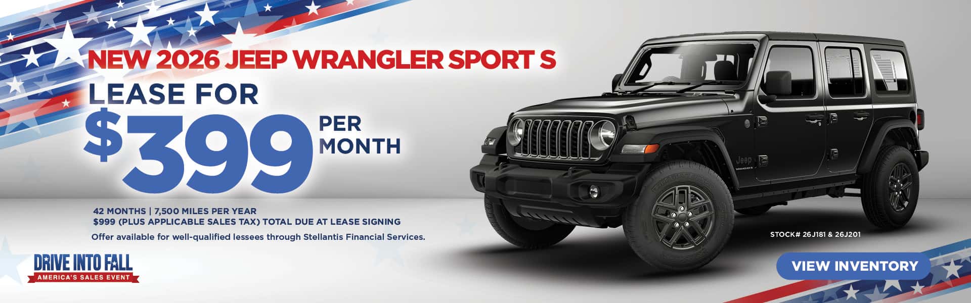 $399 per month lease available on New 2026 Jeep Wrangler Sport S