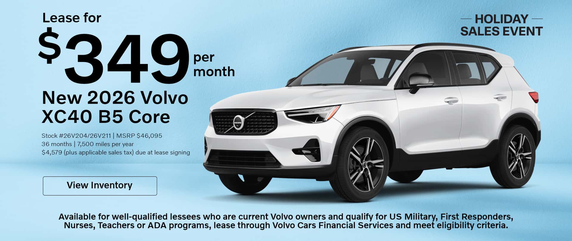$349 per month lease available on new 2026 Volvo XC40 SUVs