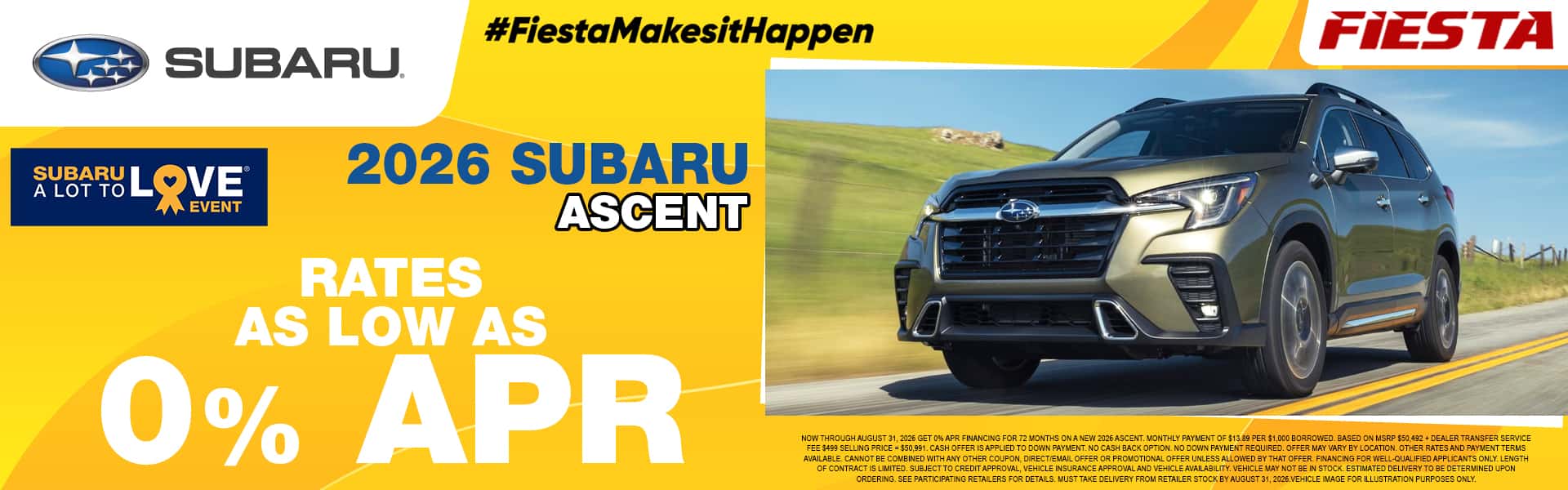 Fiesta Subaru August 2026 Ascent Special