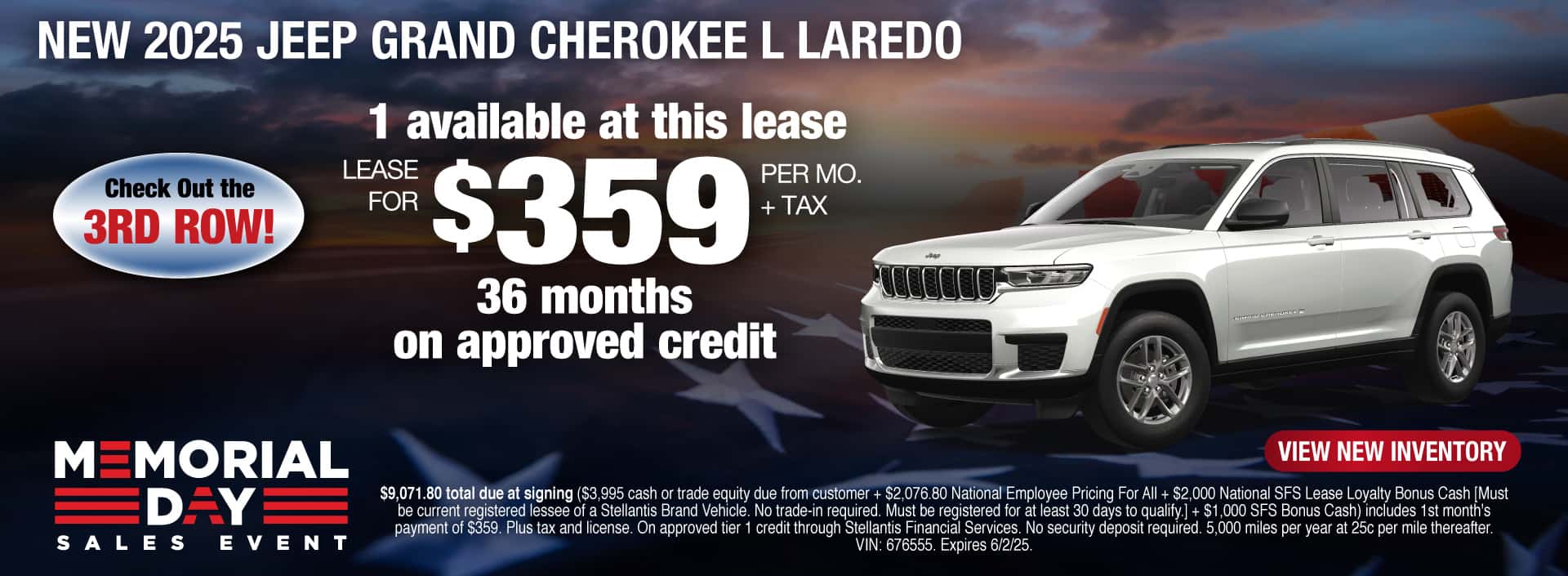 Lease a New 2025 Jeep Grand Cherokee L Laredo for $359 per month for 36 months on approved credit. Expires 6/2/25.