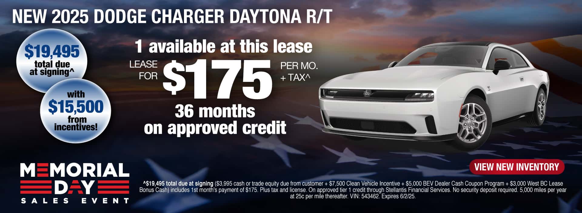 Lease a New 2025 Dodge Charger Daytona R/T for $175 per month for 36 months on approved credit. Expires 6/2/25.