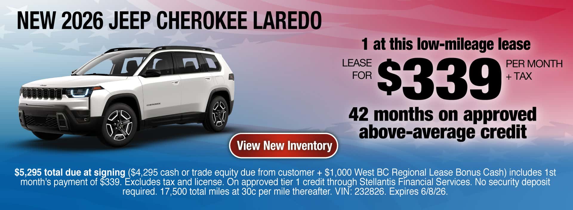 Lease a New 2026 Jeep Cherokee Laredo for $339 per month + tax for 42 months on approved above-average credit. Expires 6/8/26.