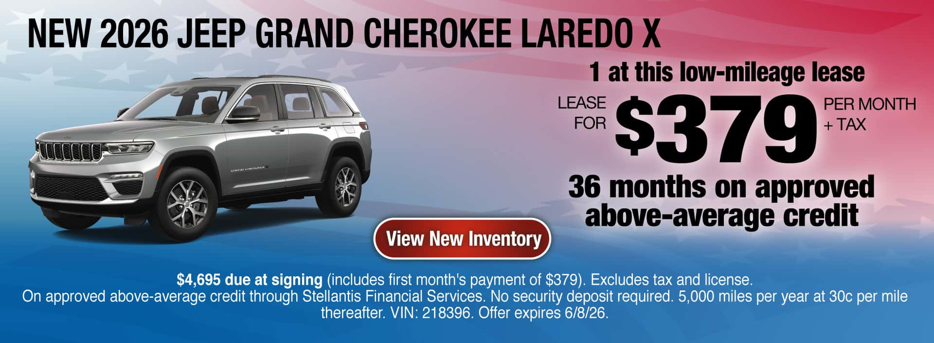 Lease a New 2026 Jeep Grand Cherokee Laredo X for $379 per month + tax for 36 months on approved above-average credit. Expires 6/8/26.