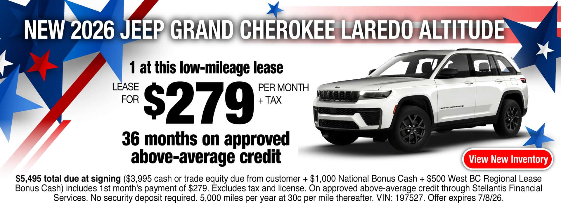 Lease a New 2026 Jeep Grand Cherokee Laredo Altitude for $279 per month + tax for 36 months on approved above-average credit. Offer expires 7/8/26.