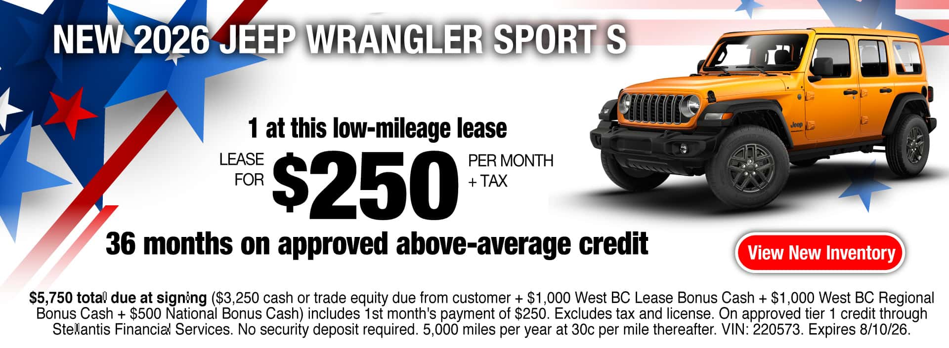 Lease a New 2026 Jeep Wrangler Sport S for $250 per month + tax for 36 months on approved above-average credit. Expires 8/10/26.