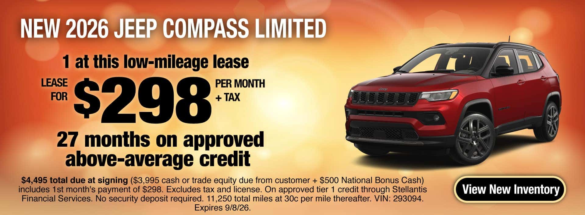 Lease a New 2026 Jeep Compass Limited for $298 per month + tax for 27 months on approved above-average credit. Expires 9/8/26.