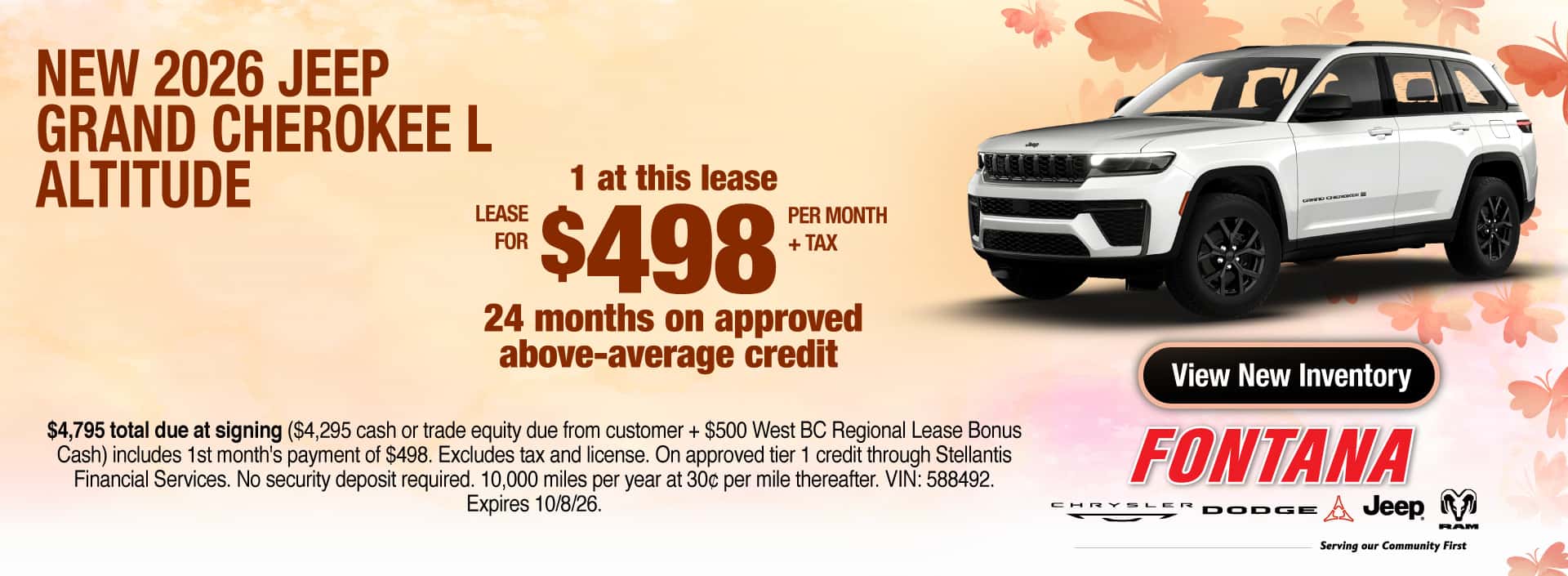 Lease a New 2026 Jeep Grand Cherokee L Altitude for $498 per month + tax for 24 months on approved above-average credit. 1 at this lease. $4,795 total due at signing ($4,295 cash or trade equity due from customer + $500 West BC Regional Lease Bonus Cash) includes 1st month's payment of $498. Excludes tax and license. On approved tier 1 credit through Stellantis Financial Services. No security deposit required. 10,000 miles per year at 30c per mile thereafter. VIN: 588492. Expires 10/8/26.
