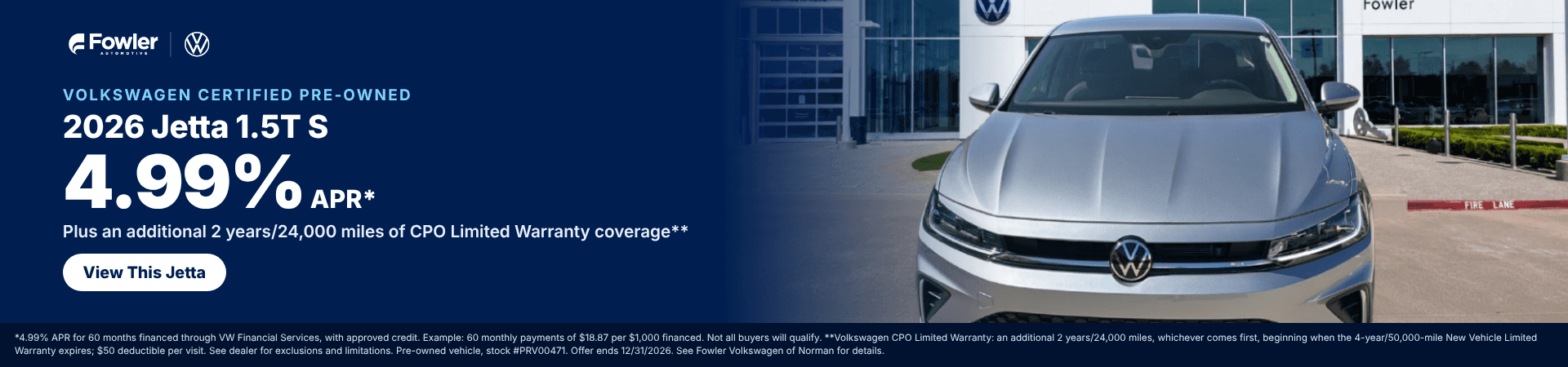 Certified Pre-Owned 2026 Volkswagen Jetta 1.5T S, 4.99% APR with approved credit, plus an additional 2 years/24,000 miles of CPO Limited Warranty coverage.