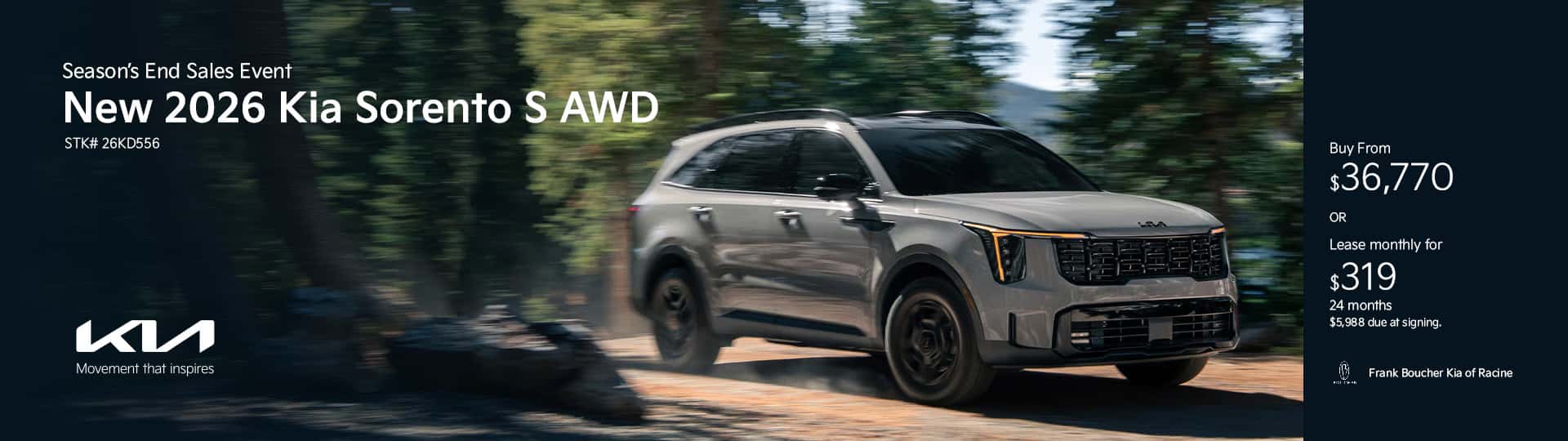 Aug 26 - Save on a new 2026 Kia Sorento S AWD in Racine, WI