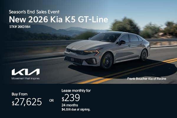 Lease a new 2026 Kia K5 GT-Line for $239/mo or buy from $27,625