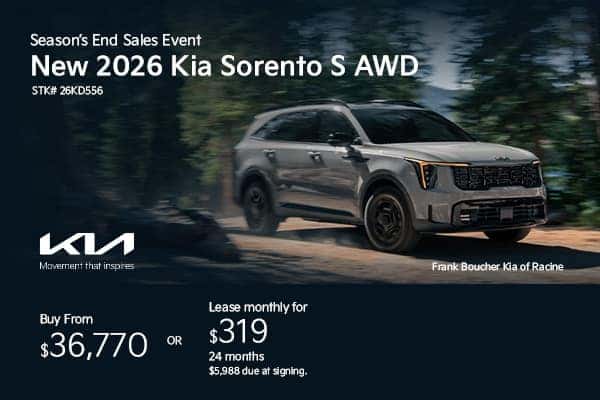 Lease a new 2026 Kia Sorento S AWD for $319/mo or buy from $36,770