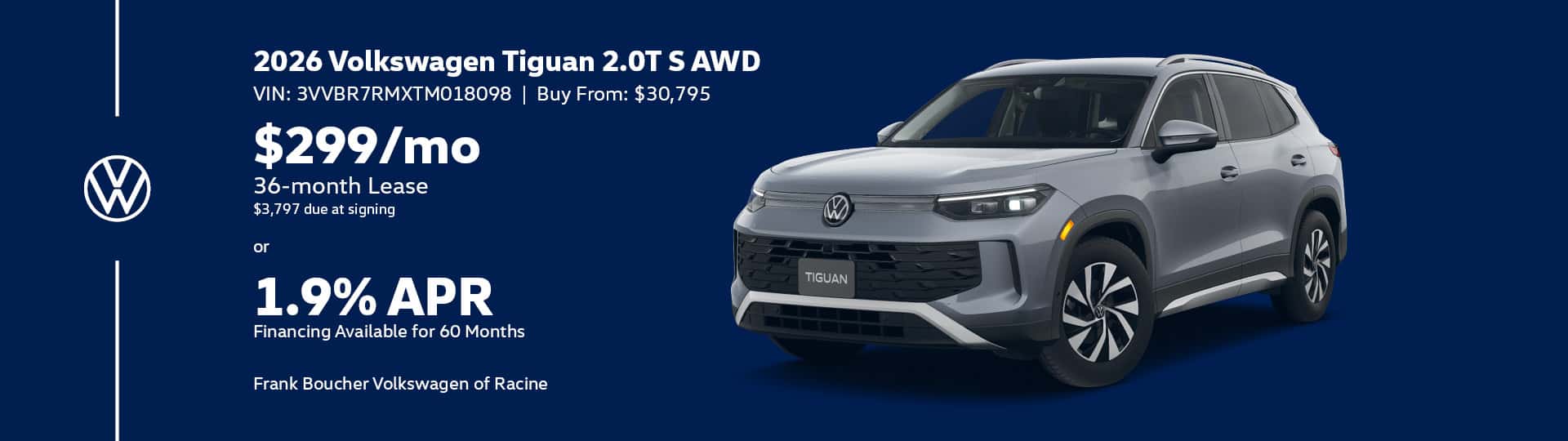 Save on a New 2026 Volkswagen Tiguan S AWD in Racine, WI