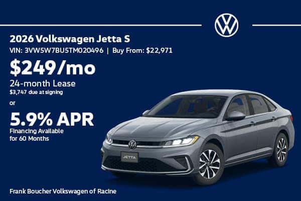 Lease a new 2026 Volkswagen Jetta S for $249/mo or get 5.9% APR!