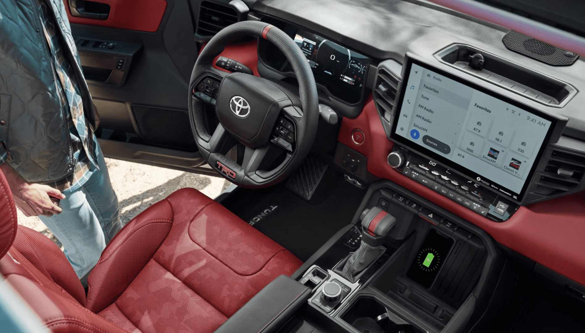 2026 Toyota Tundra TRD Pro CrewMax interior shown in Cockpit Red for sale near Tomball