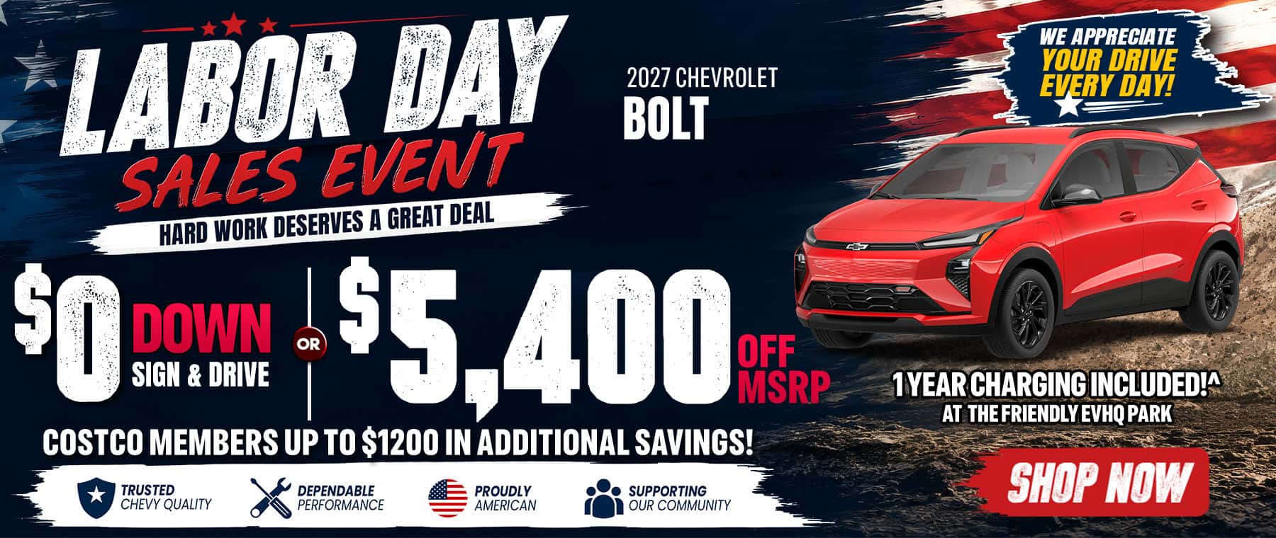 Get a new 2027 Chevrolet Bolt with $0 down through Sign & Drive or save $5,400 off MSRP. Costco members can receive up to $1,200 in additional savings, plus one year of charging included at the Friendly EVHQ Park. Offer ends soon!
