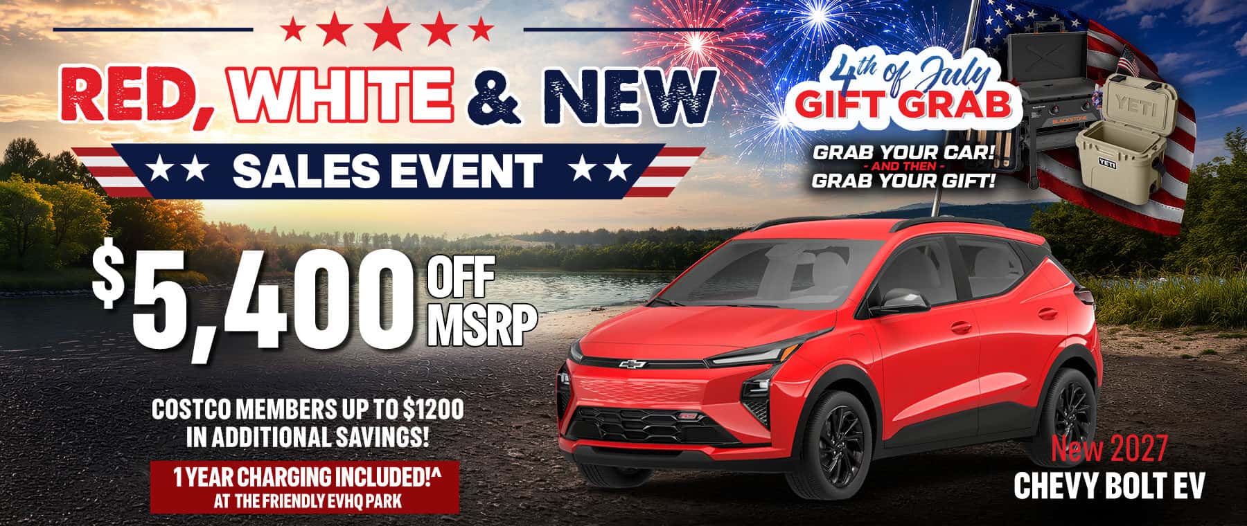 New 2027 Chevy Bolt EV with $5,400 off MSRP during the Payment Free Summer Event. Drive now and make no payments until October. Includes one year of EV charging at the Friendly EV HQ Park, plus eligible Costco members can receive up to $1,200 in additional savings.