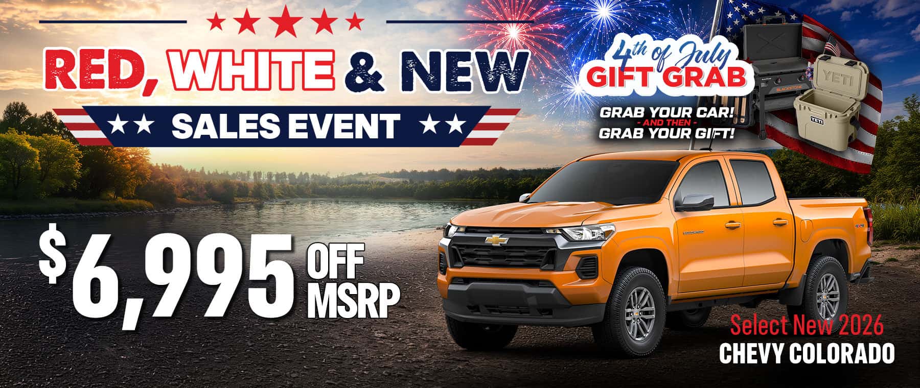 Select new 2026 Chevy Colorado with $6,995 off MSRP during the Payment Free Summer Event. Midsize pickup built for work and adventure with impressive capability and no payments until October.