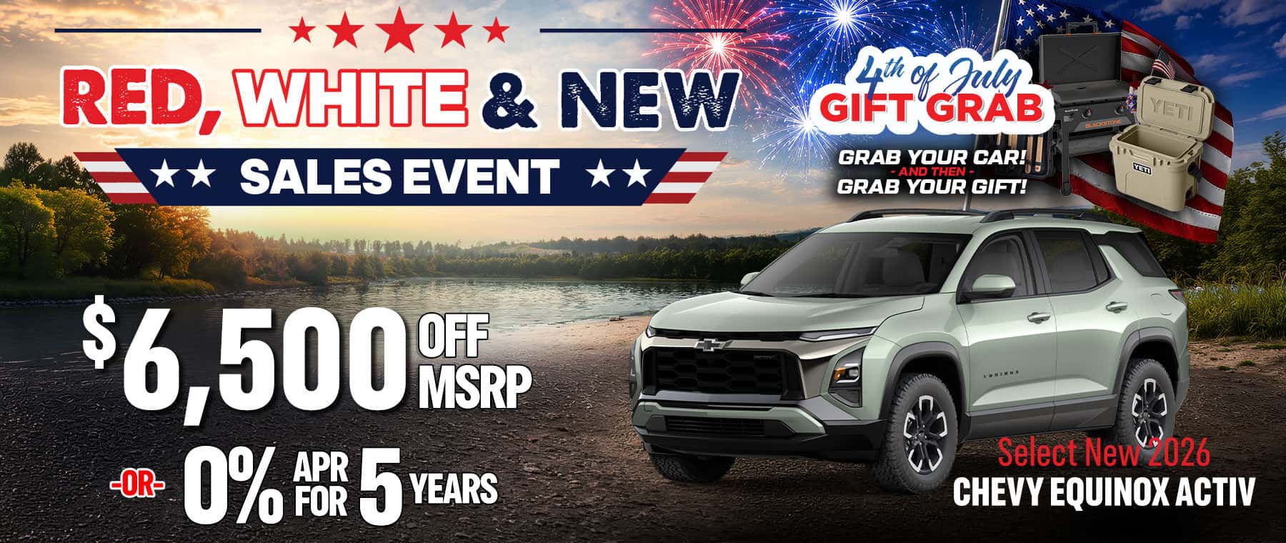 Select new 2026 Chevy Equinox ACTIV with $6,500 off MSRP during the Payment Free Summer Event. Adventure-ready SUV featuring rugged styling, versatile cargo space, and no payments until October.
