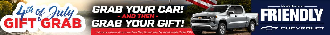 Shop the Friendly Chevrolet 4th of July Gift Grab featuring a silver Chevrolet Silverado, up to $14,000 off select new Chevy vehicles, no payments until October, and free gifts with qualifying purchases.