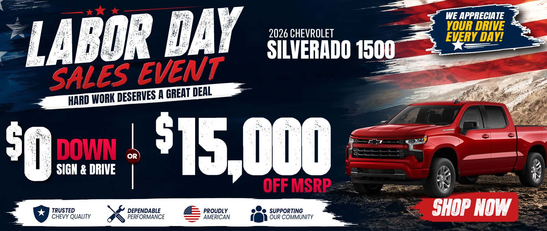 Save big on a new 2026 Chevrolet Silverado 1500! Choose $0 down with Sign & Drive or get an incredible $15,000 off MSRP. Hurry—this last-chance summer offer ends soon.