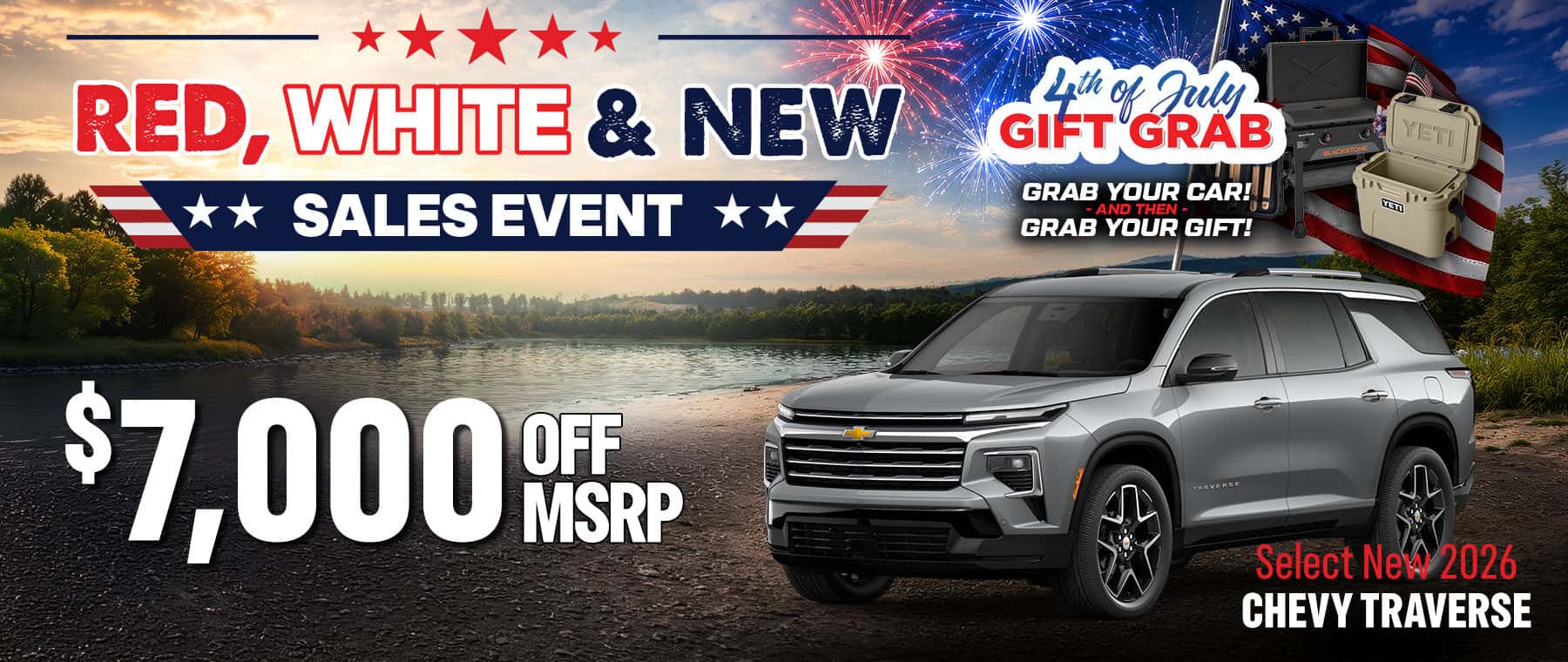 Select new 2026 Chevy Traverse with $7,000 off MSRP during the Payment Free Summer Event. Spacious three-row SUV with no payments until October, offering premium comfort, advanced technology, and room for the whole family.