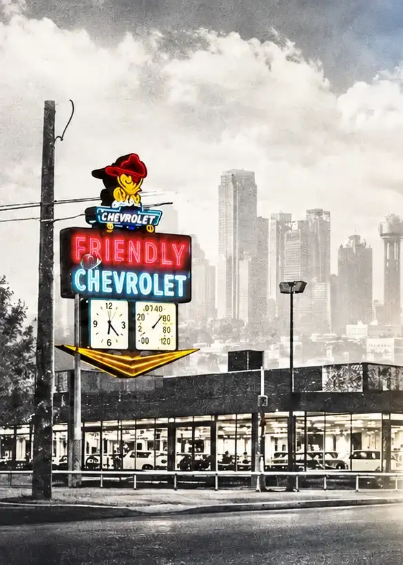 Vintage black-and-white scene of a Friendly Chevrolet neon sign and showroom with the Dallas skyline behind it