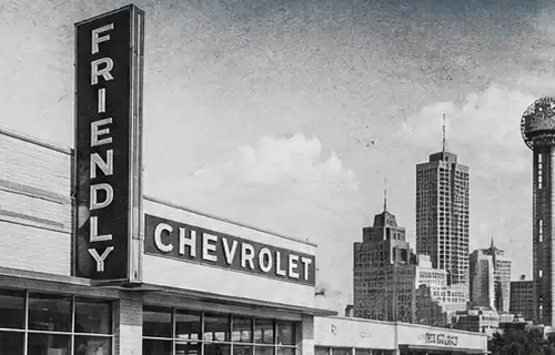Then: vintage Friendly Chevrolet showroom with classic Chevrolets on the lot