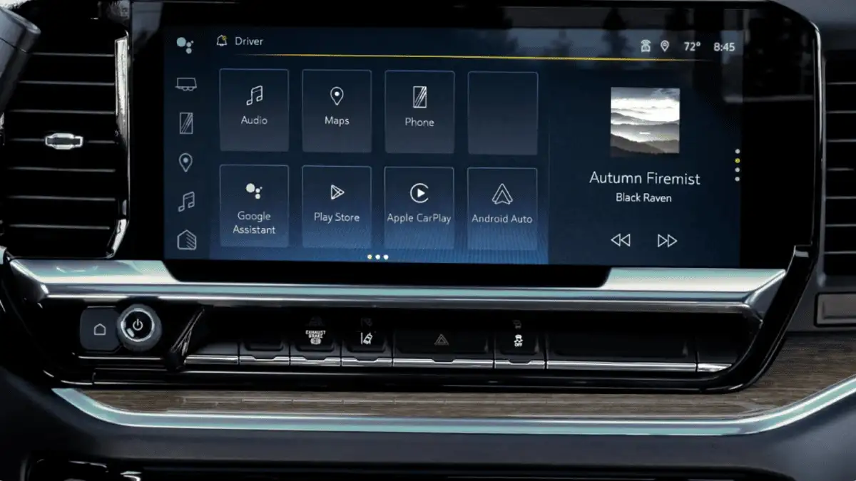 2026 Chevrolet Silverado HD infotainment screen near Ruth NC showing Google Assistant, Apple CarPlay, Android Auto, Play Store, Maps, and Audio app icons