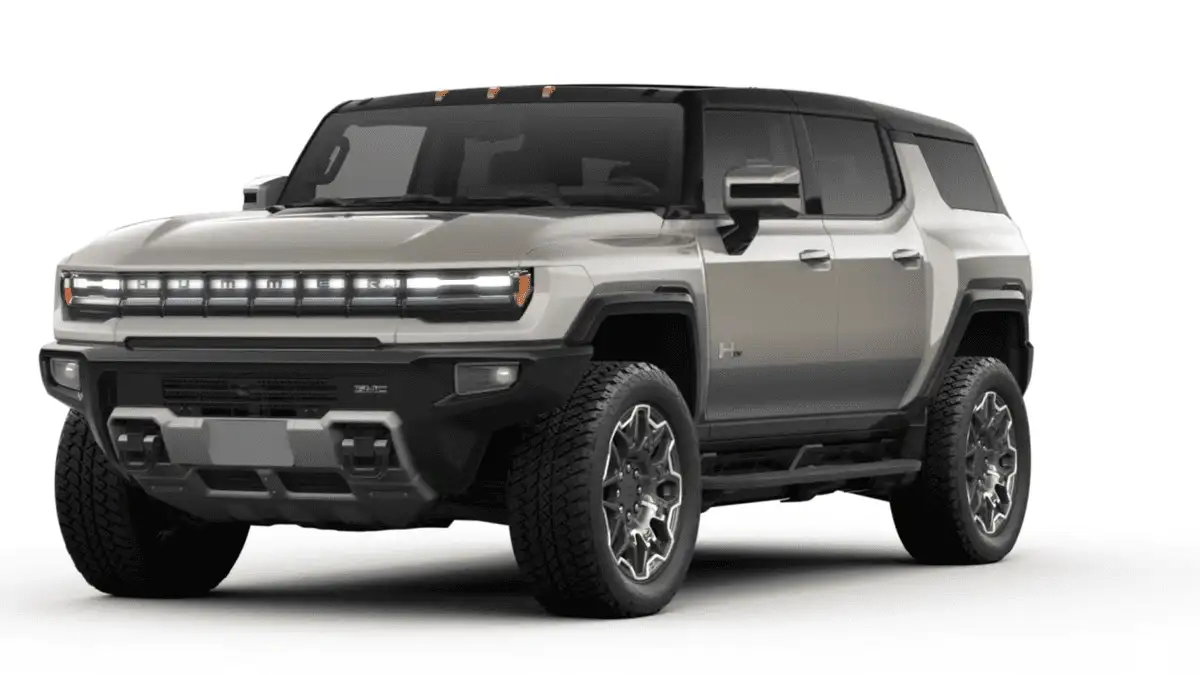 2026 GMC Hummer EV SUV near Ruth NC in silver and black two-tone finish with signature LED light bar, aggressive off-road tires, and bold boxy SUV silhouette on white background