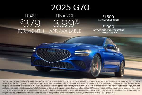 Lease a New 2025 G70 2.5T Sport Prestige AWD for $379/mo.