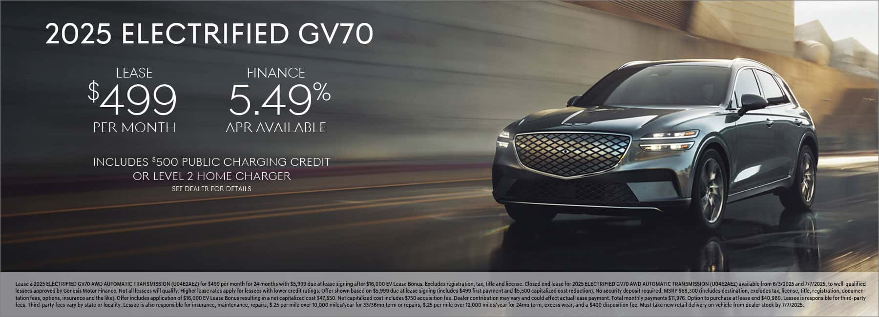 $499/mo. leases a New 2025 Genesis Electrified GV70 at Genesis of Conshohocken.