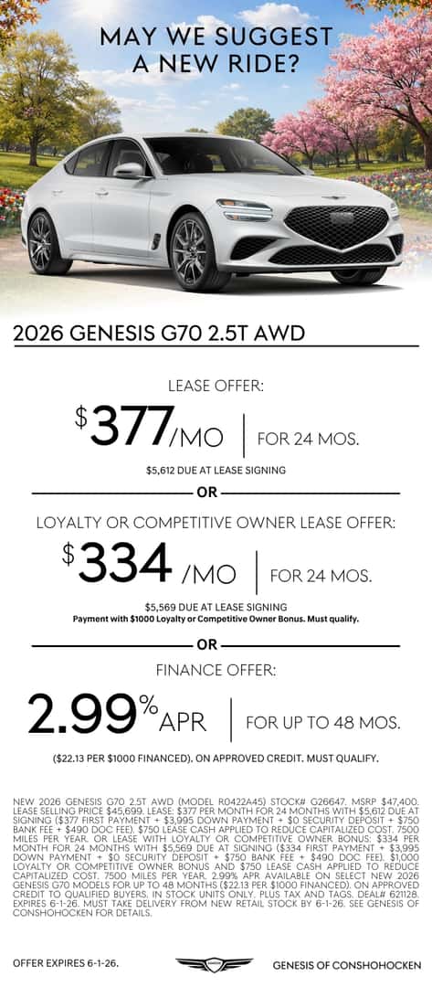 $377/mo. leases a New 2026 Genesis G70! View Specials...
