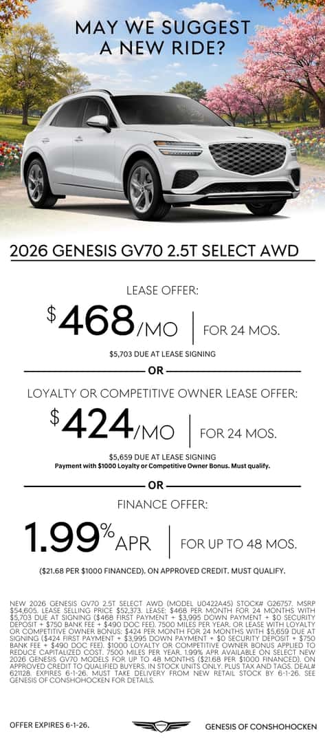 $468/mo. leases a New 2026 Genesis GV70! View Specials...