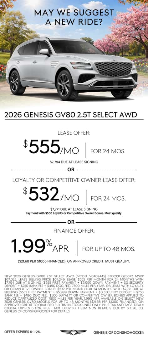 $555/mo. leases a New 2026 Genesis GV80! View Specials...