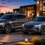 Genesis GV80 and GV70 luxury SUVs at dusk outside a Schererville, Indiana home — Genesis of Schererville