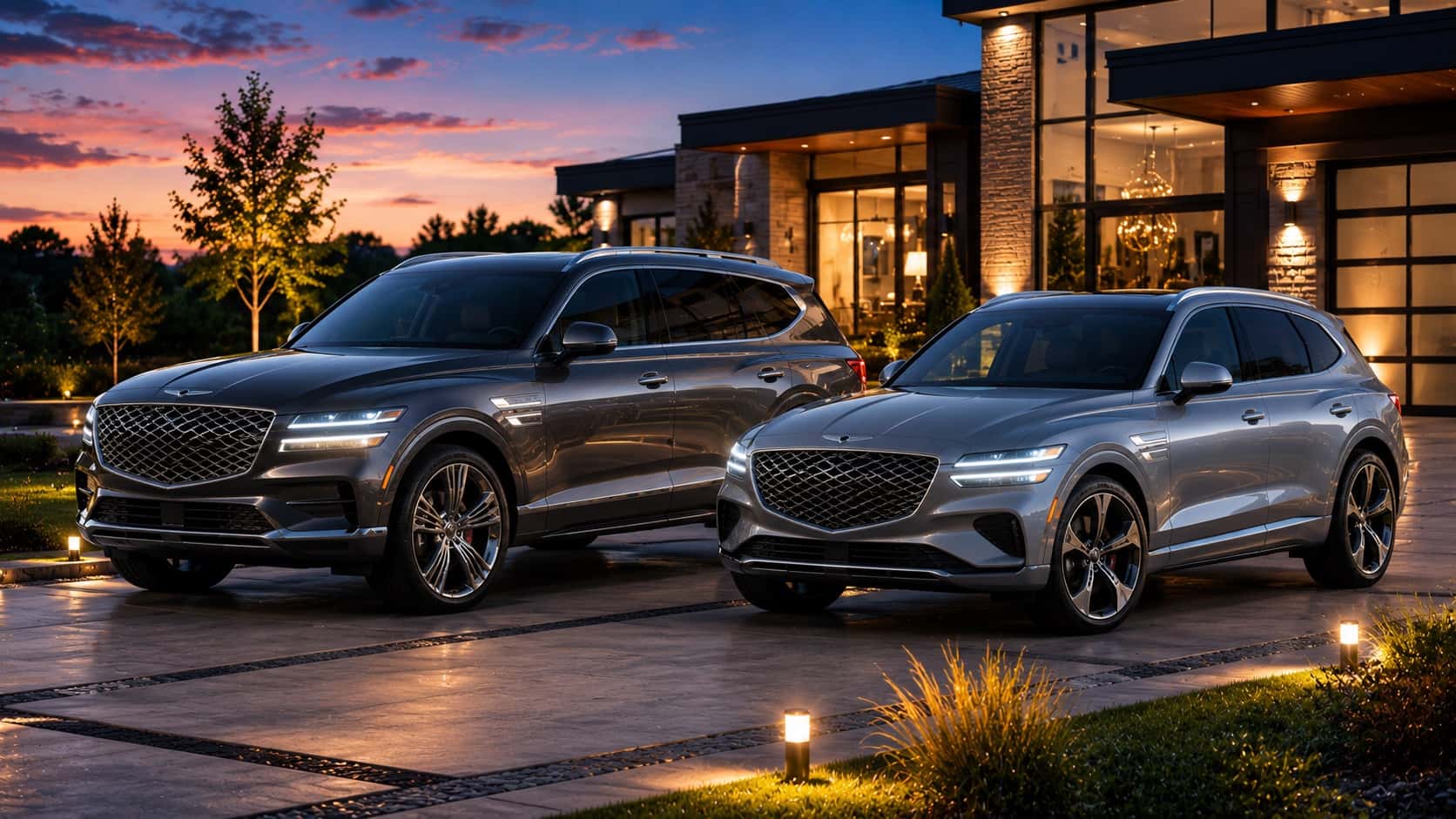 Genesis GV80 and GV70 luxury SUVs at dusk outside a Schererville, Indiana home — Genesis of Schererville