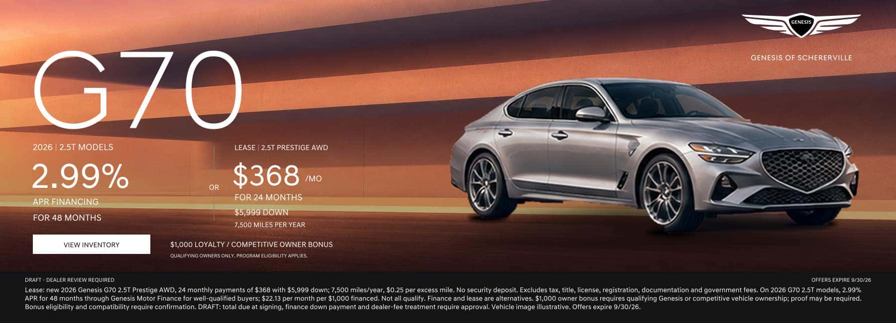 2026 Genesis G70 lease offer banner: $368 per month for 24 months at Genesis of Schererville