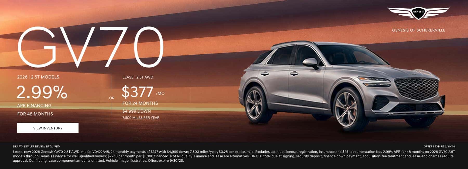 2026 Genesis GV70 lease offer banner: $377 per month for 24 months at Genesis of Schererville