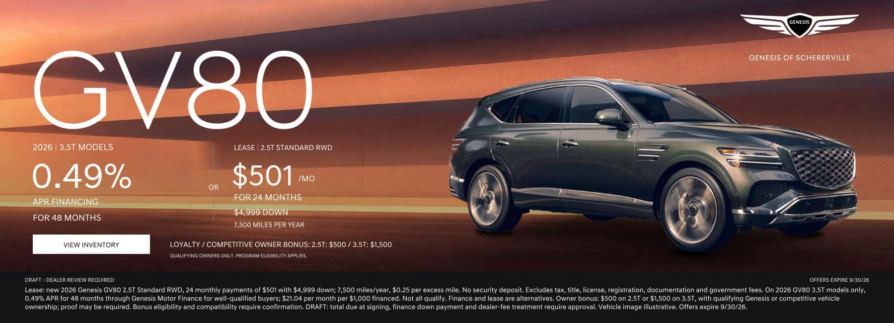 2026 Genesis GV80 lease offer banner: $501 per month for 24 months at Genesis of Schererville