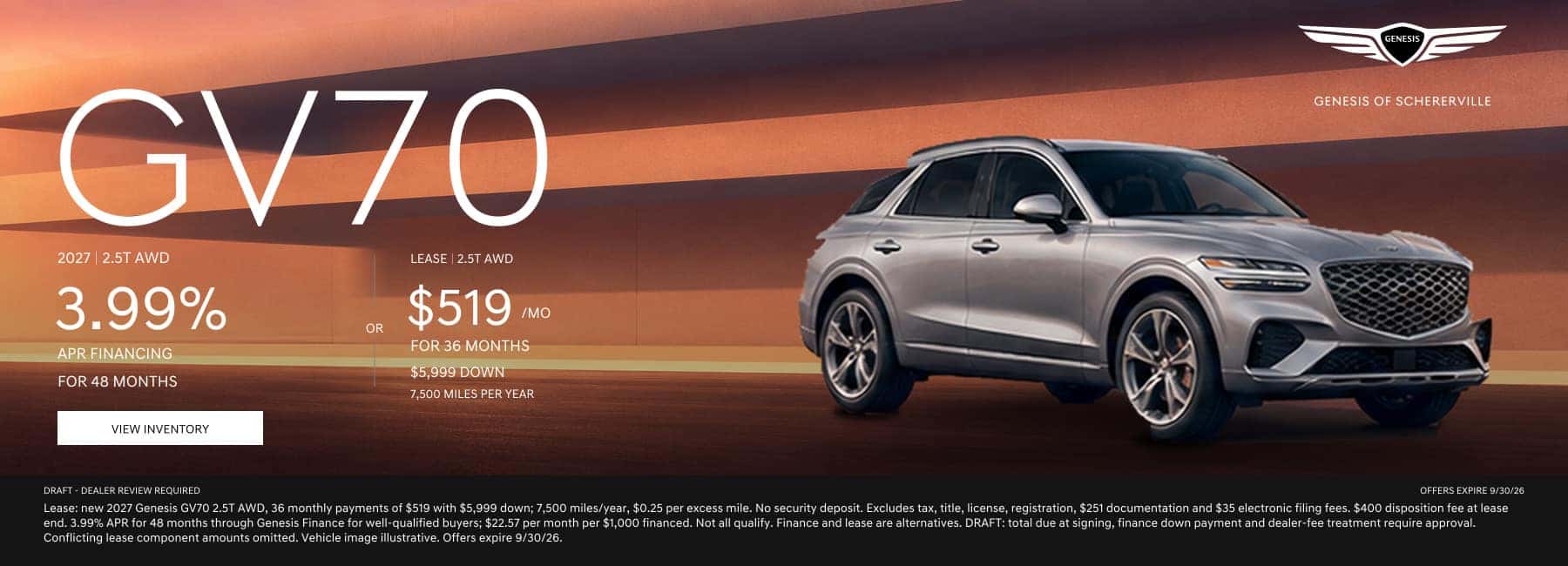 2027 Genesis GV70 lease offer banner: $519 per month for 36 months at Genesis of Schererville