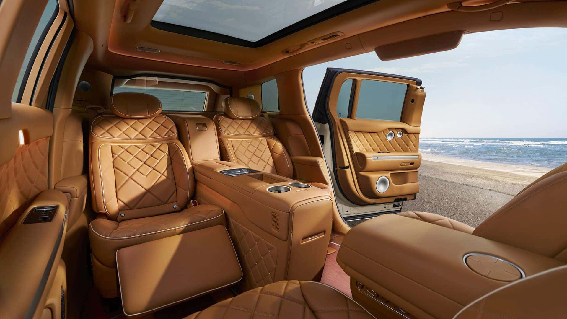 2028 Genesis GV90 interior with second-row captain's chairs