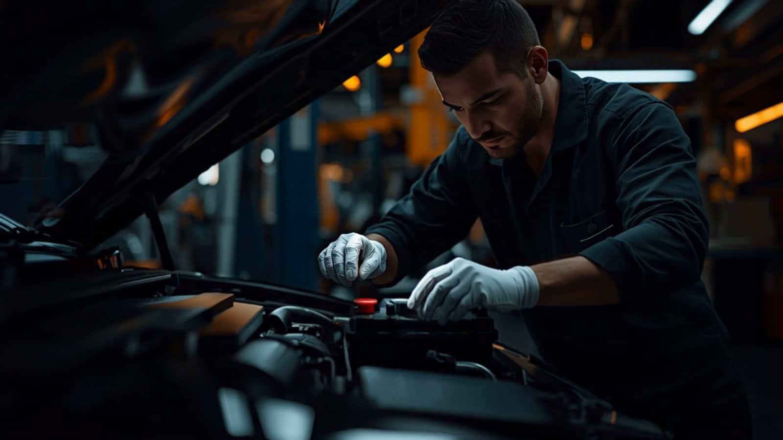 Technician in gloves servicing a car battery under the hood in a service bay