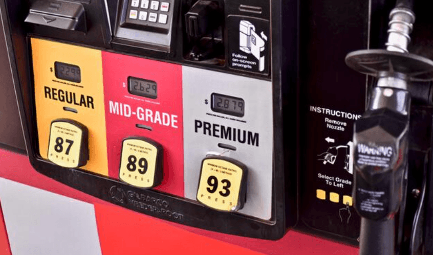 Gas station showing regular, mid-grade, or premium fuel types.