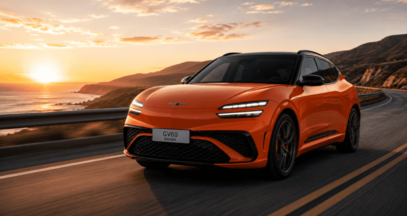 2027 Genesis GV60 Magma driving along coastal highway at sunset.