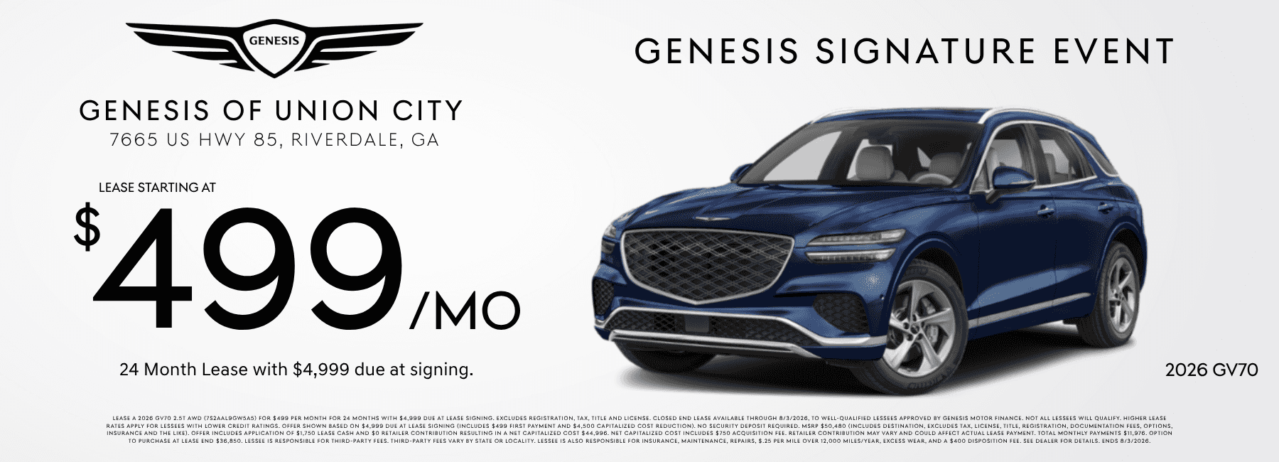 Lease a Genesis GV70 starting at $499/mo.