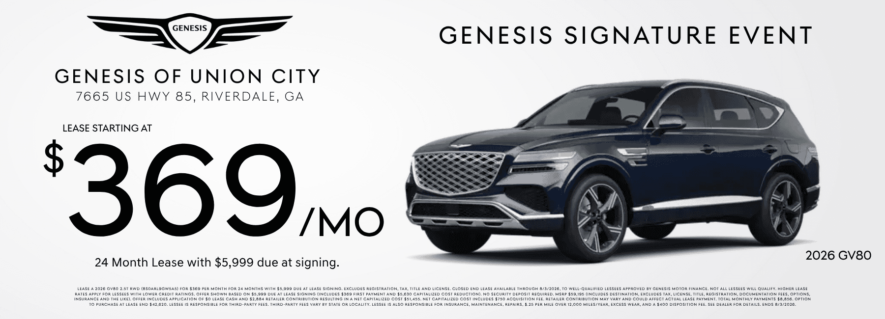 Lease a Genesis GV80 starting at $369/mo in Riverdale.