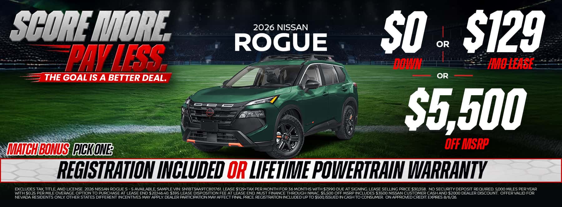 Get behind the wheel of a new 2026 Nissan Rogue with $0 down, lease from only $129 per month, or save $5,500 off MSRP. Pick your Match Bonus and save more at Glory Nissan.