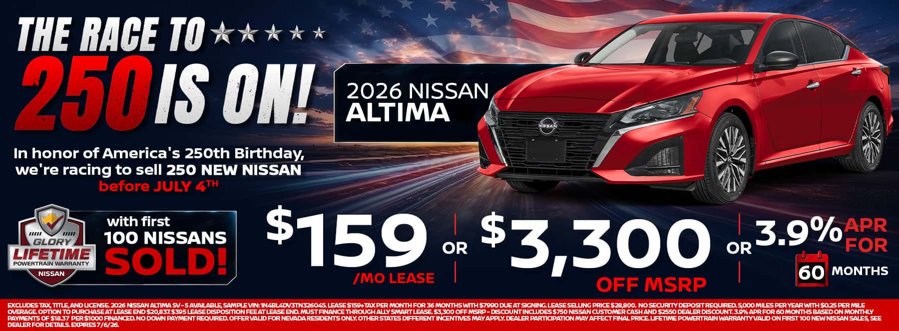 2026 Nissan Altima sedan for sale in Las Vegas during Glory Nissan's Race to 250 event. New Altima available from $159 per month lease, $3,300 off MSRP, or 3.9% APR for 60 months. Fuel-efficient midsize Nissan sedan with advanced driver-assist technology and exceptional value.