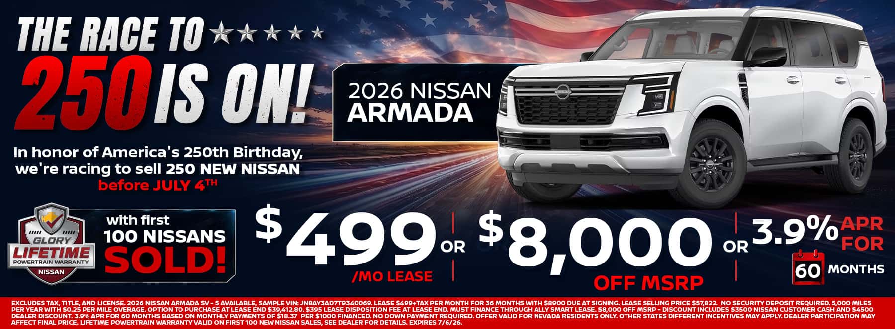 2026 Nissan Armada full-size SUV for sale at Glory Nissan Las Vegas. Race to 250 sales event offers Armada from $499 per month lease, $8,000 off MSRP, or 3.9% APR financing for 60 months. Powerful three-row Nissan SUV with premium features, towing capability, and spacious family seating.
