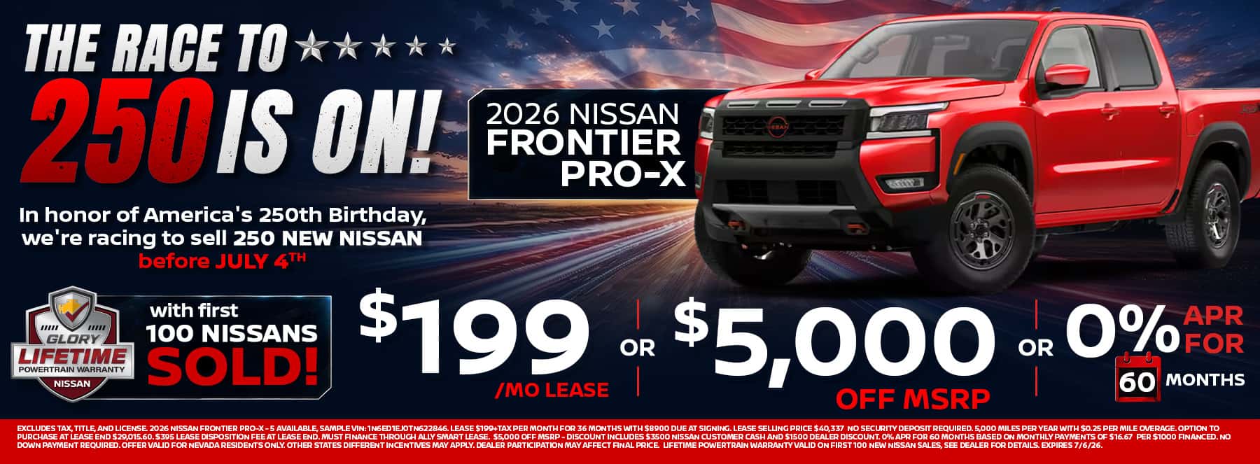 2026 Nissan Frontier PRO-X truck for sale in Las Vegas during the Glory Nissan Race to 250 event. New Frontier available from $199 per month lease, $5,000 off MSRP, or 0% APR financing for 60 months. Mid-size pickup truck with 310-horsepower V6 performance, towing capability, and off-road styling.
